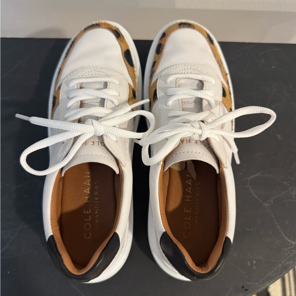 Cole Haan White Sneakers with Tan and Black Leopard Accents - Picture 5 of 12